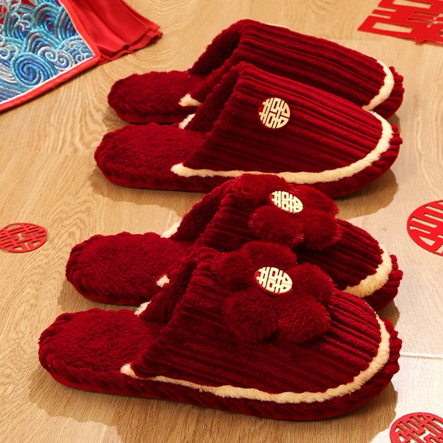 棉拖鞋结婚一对女2025冬季新款情侣红色婚鞋喜庆陪嫁晨袍拍照冬天