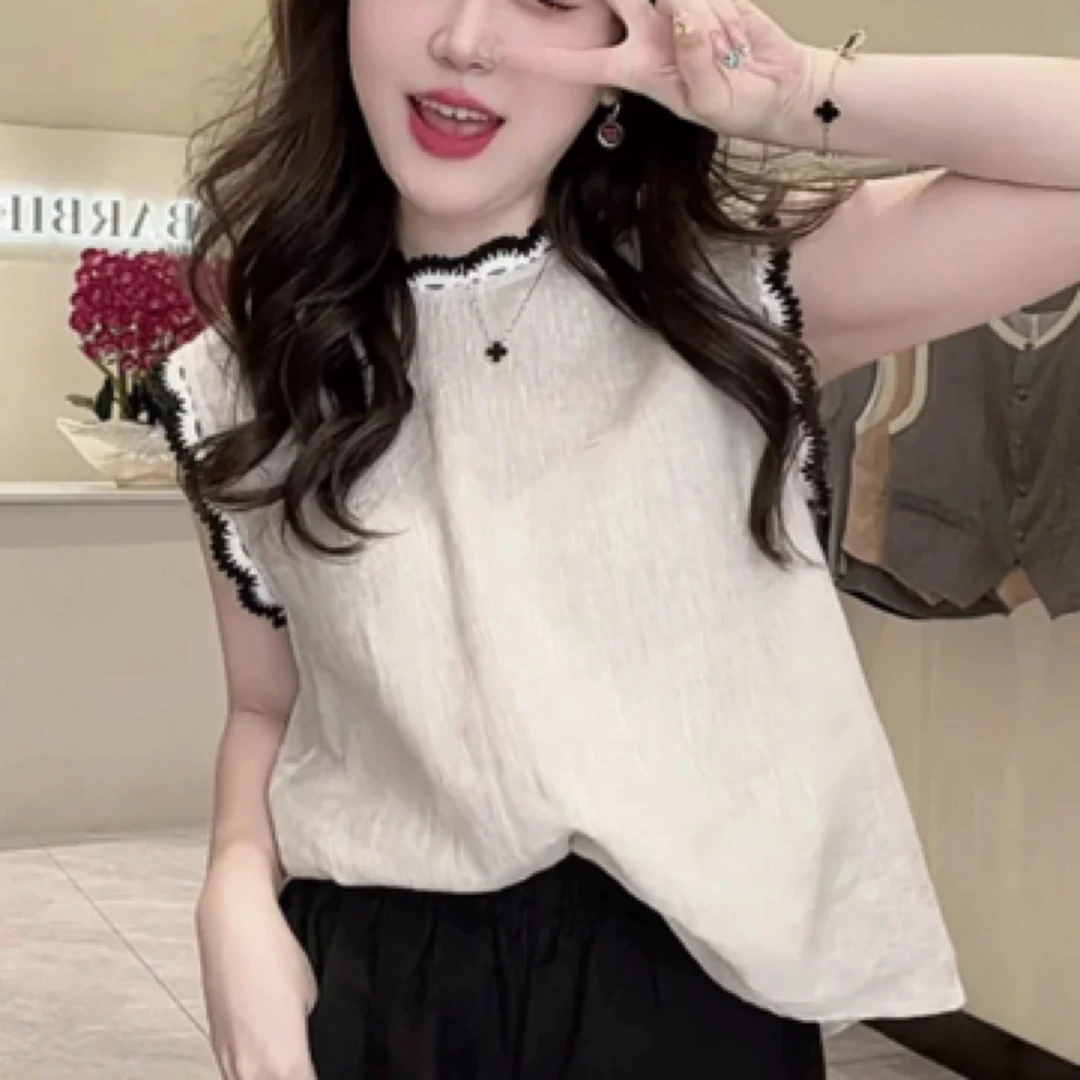 5133#复古撞色花边无袖衬衫女夏款新款韩系气质减龄百搭上衣女