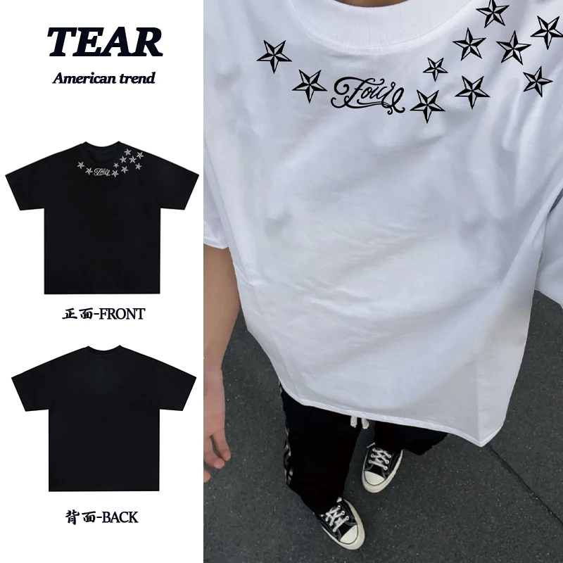 美式重磅纯棉星星字母印花短袖T恤男复古宽松百搭情侣半袖体恤