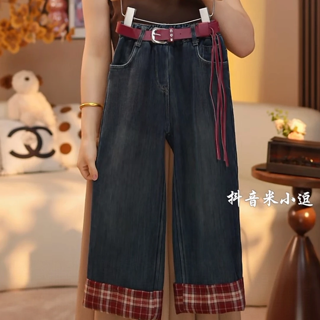 米小逗女童2025冬款上新女童暖加绒加厚休闲直筒刺绣牛仔裤潮m250