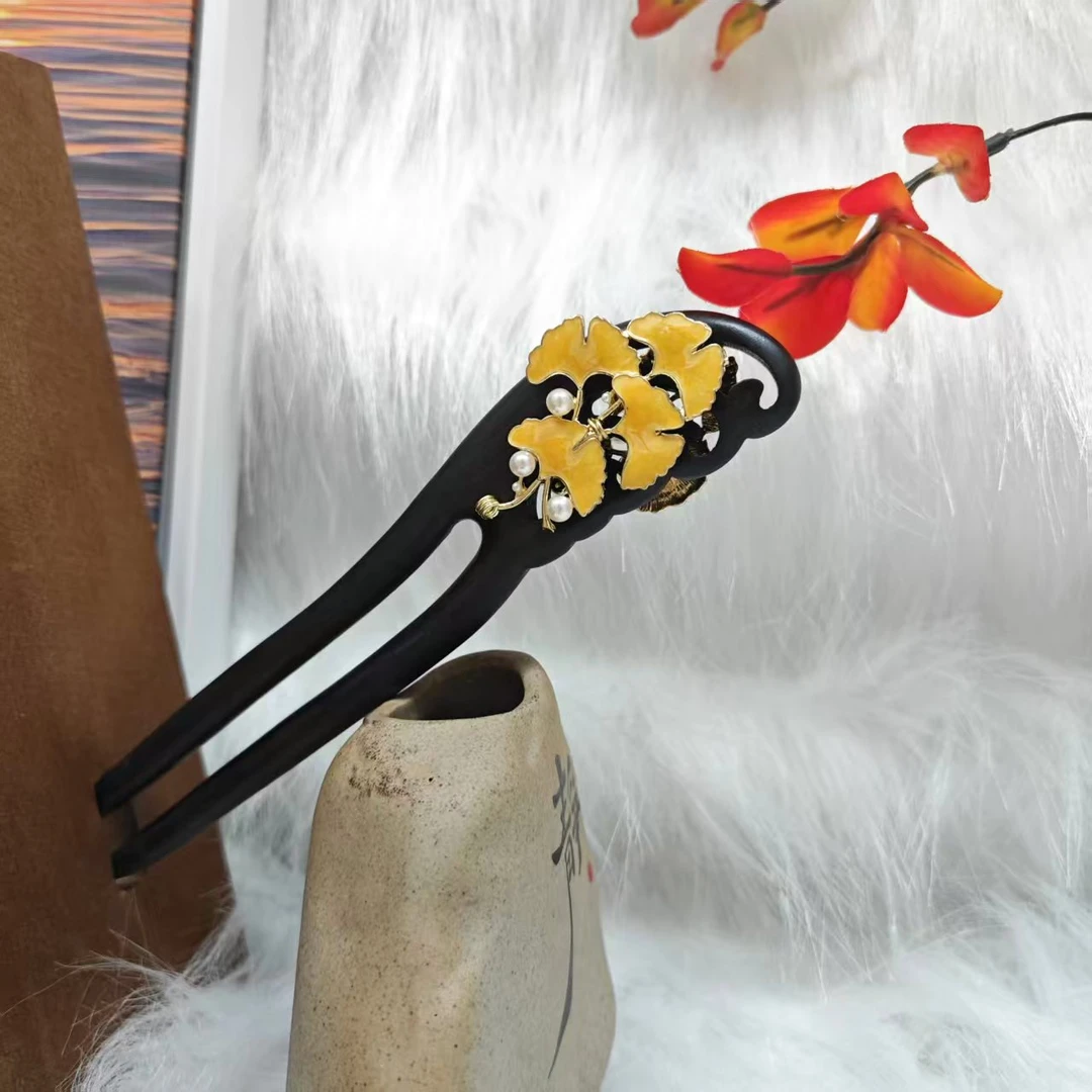 K138原创设计银杏叶15公分双钗发簪手工头饰发饰国风簪子木发簪