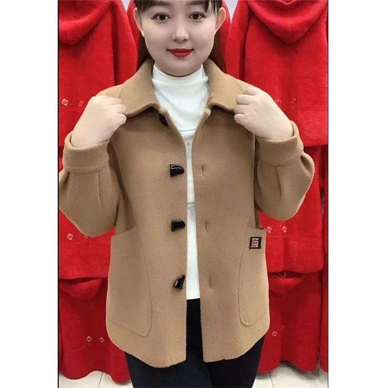 新款秋冬高档针织开衫宽松上衣仿双面呢毛绒外套女中年妈妈装