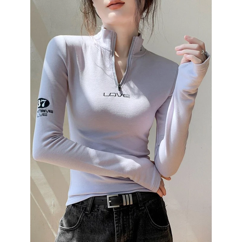 双面德绒拉链半高领长袖t恤女2025秋冬季新款修身显瘦保暖上衣女