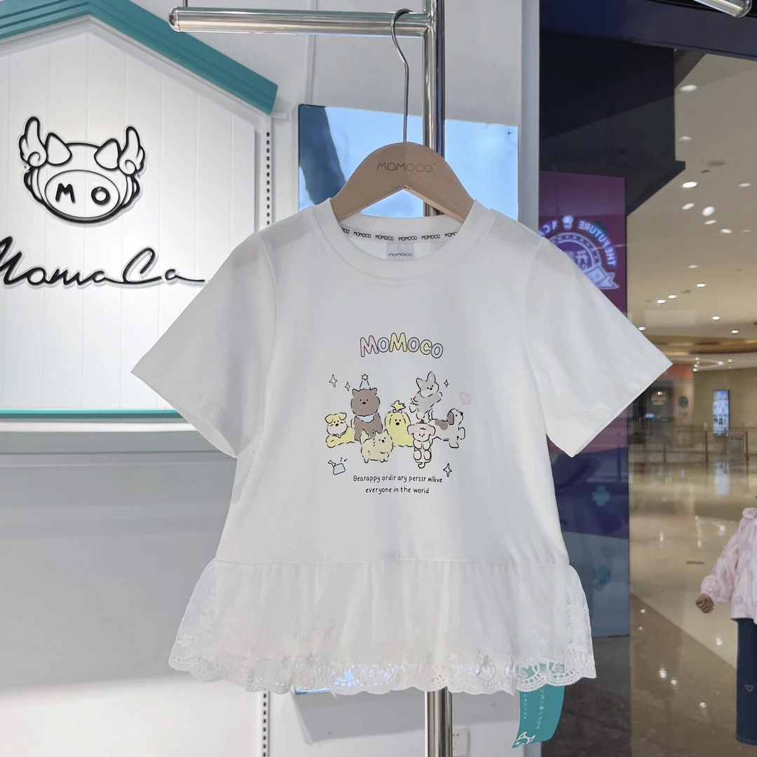 MOMOCO一秒入夏女童新款2025时尚百搭甜美花边T恤77630235044