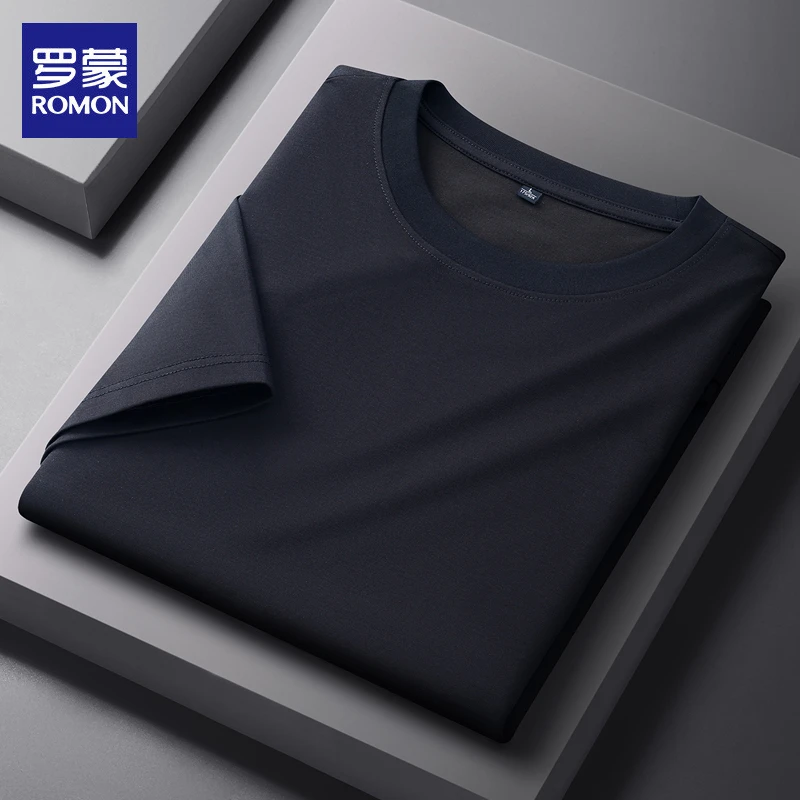 罗蒙夏季男士莱赛尔天丝短袖T恤休闲百搭圆领丝光棉宽松黑色半袖
