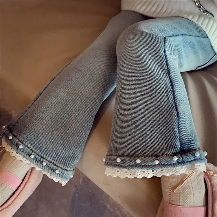 女宝牛仔裤春秋款2025新款宝宝洋气长裤儿童秋装花边显瘦喇叭裤