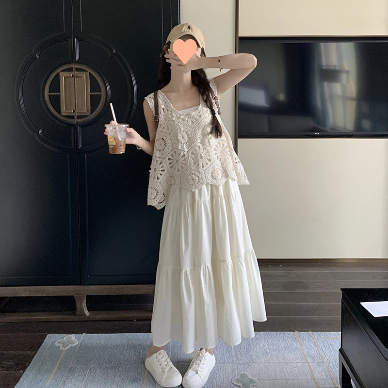 镂空钩花马甲连衣裙套装女夏季2025新款法式洋气减龄吊带裙两件套