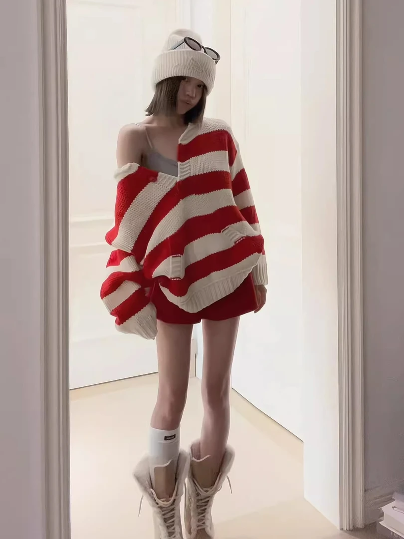 红色条纹毛衣女秋冬2025新款慵懒风高级感翻领上衣复古宽松针织衫