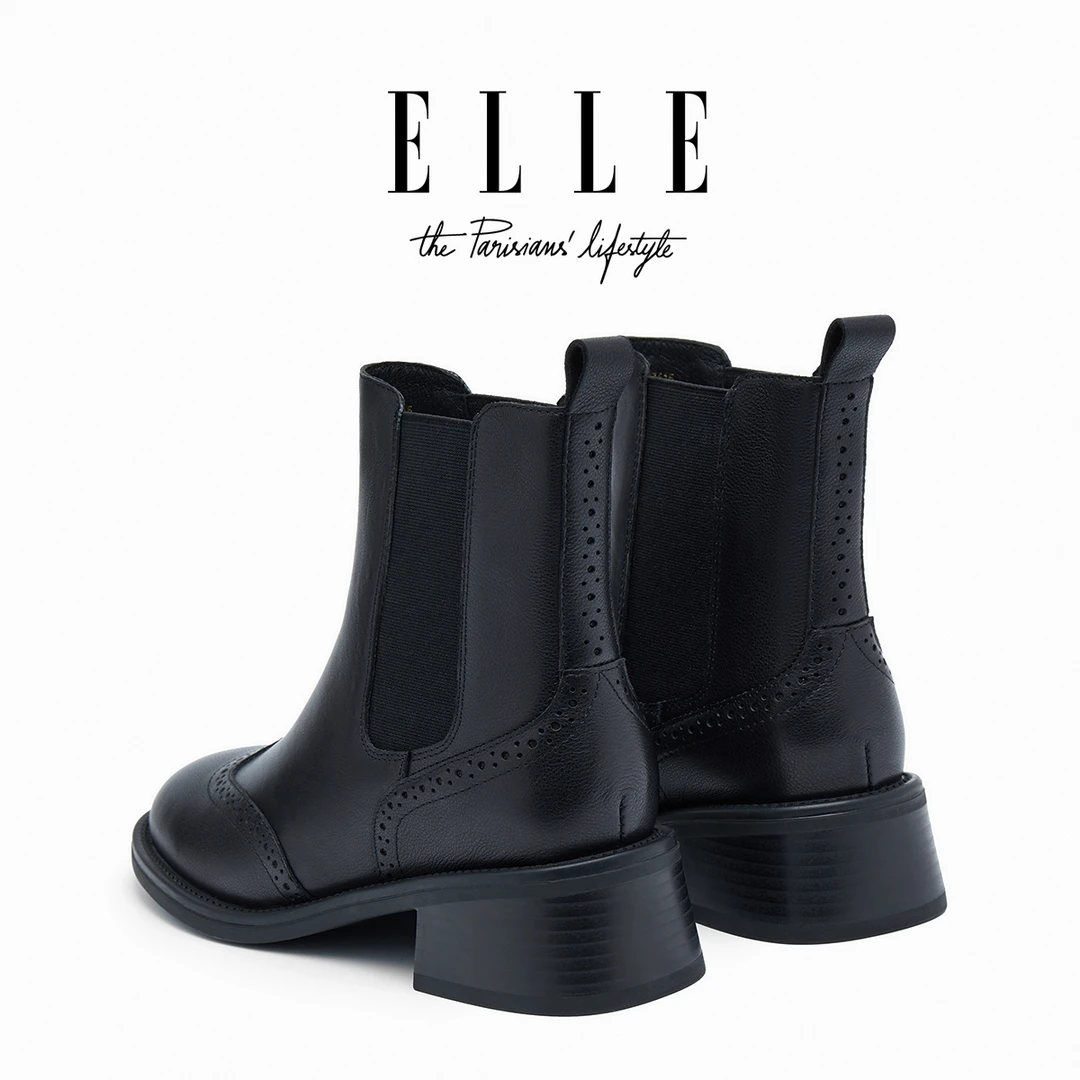 ELLE增高4.5公分经典英伦切尔西靴女2025新款复古布洛克雕花短靴