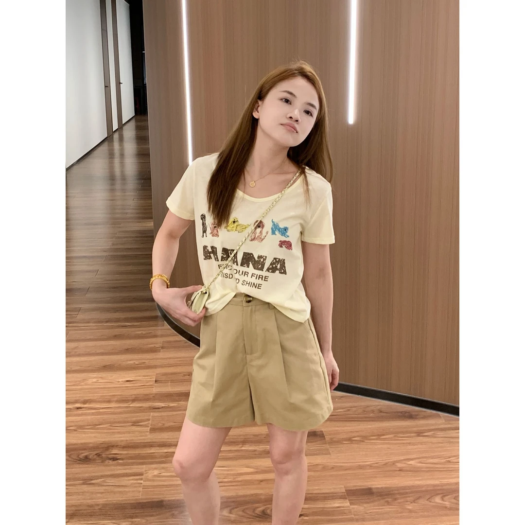 【折扣】YO定制百搭卡通印花V领短袖T恤夏季简约休闲减龄显瘦上衣