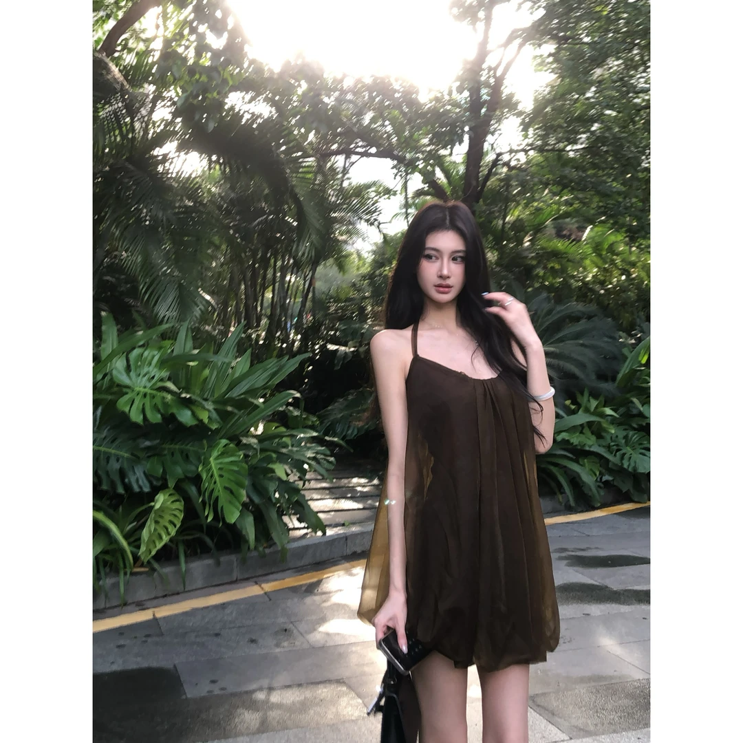 花苞挂脖系带度假墨绿露背弹力纱裙连衣裙短裙6567