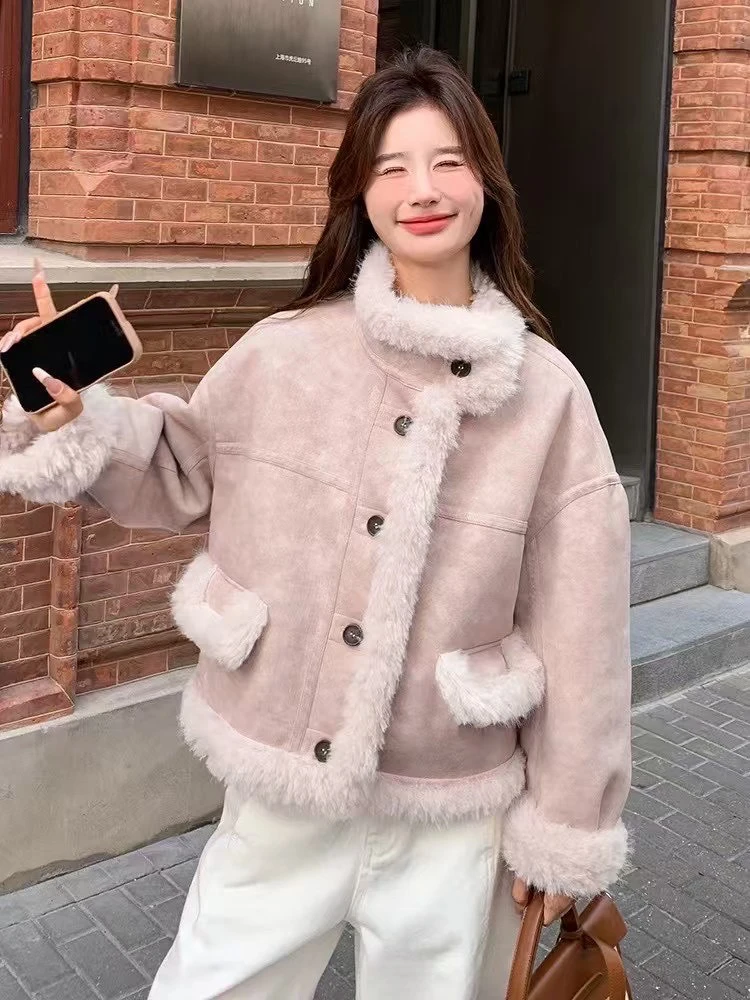 短外套宽松网红加厚加绒宽松型女常规上衣短款纯色冬季耐磨