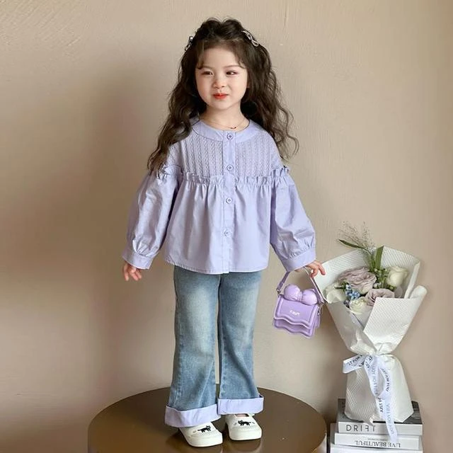 女童套装春秋2025新款儿童宝宝衬衫牛仔裤喇叭裤洋气衣服两件套