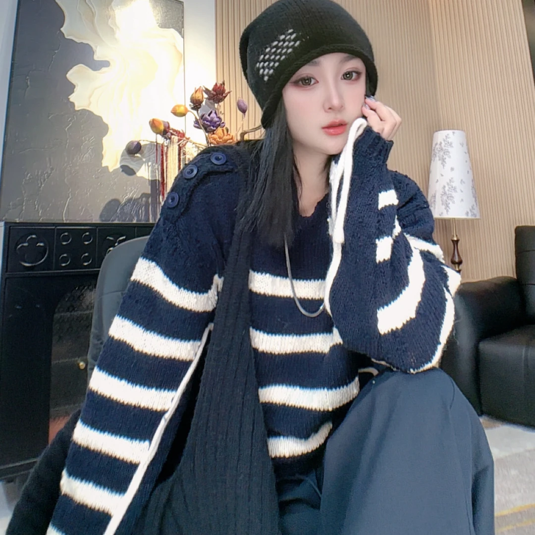中长款气质上衣毛衣包袖条纹女装圆领厚款薄款秋冬