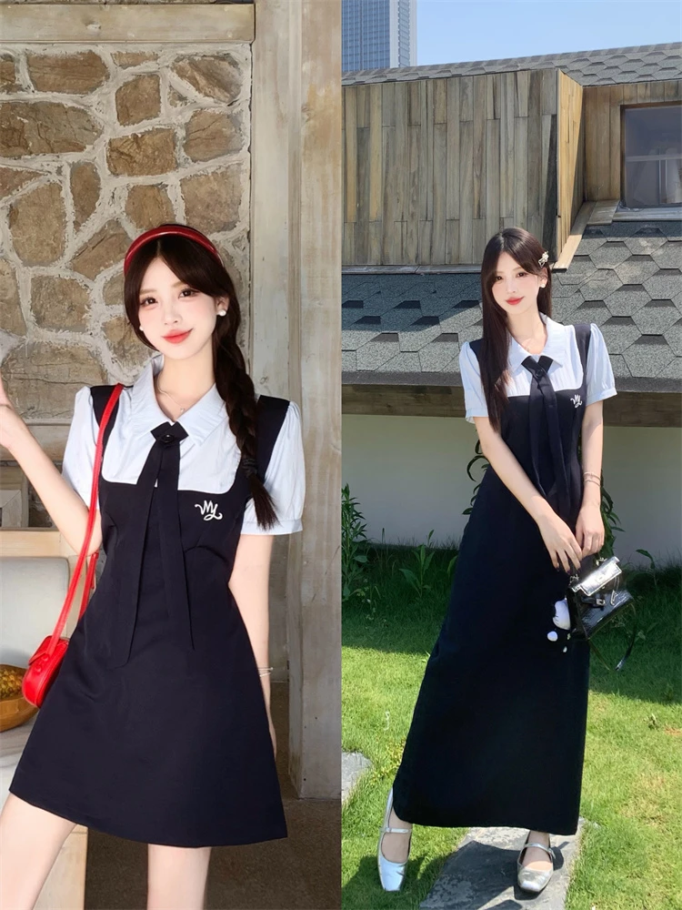 18860#实拍 蔚蓝学院韩版学院风减龄刺绣撞色假两件连衣裙