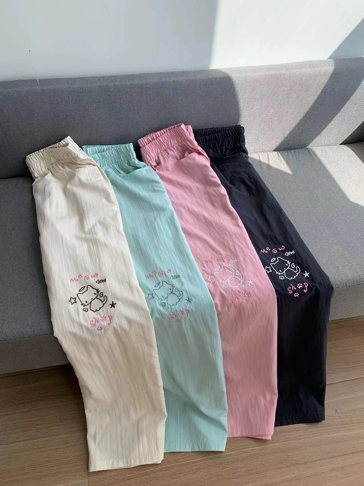日系可爱猫咪刺绣休闲直筒裤女夏季新款宽松甜美百搭显瘦山本裤子