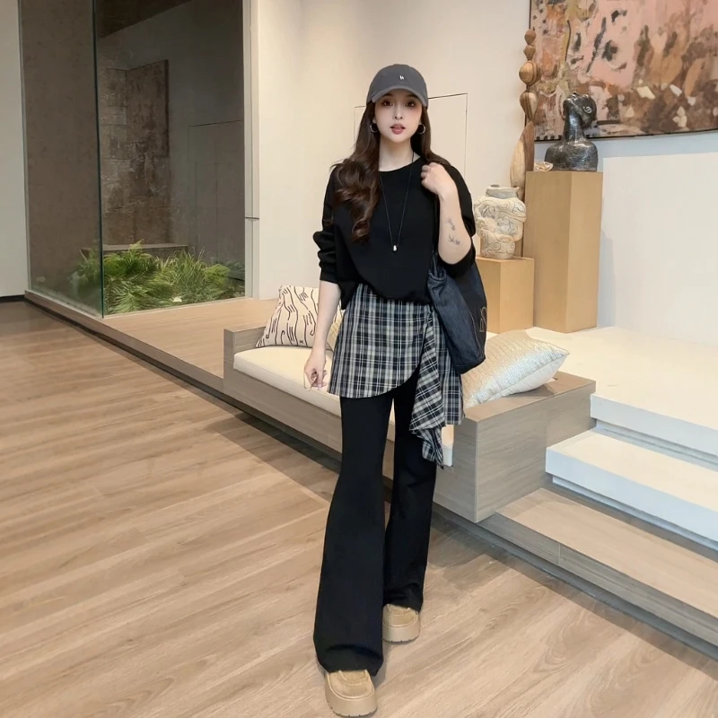 现货运费险】秋季新款洋气宽松斜肩卫衣+拼接格子微喇叭裤套装