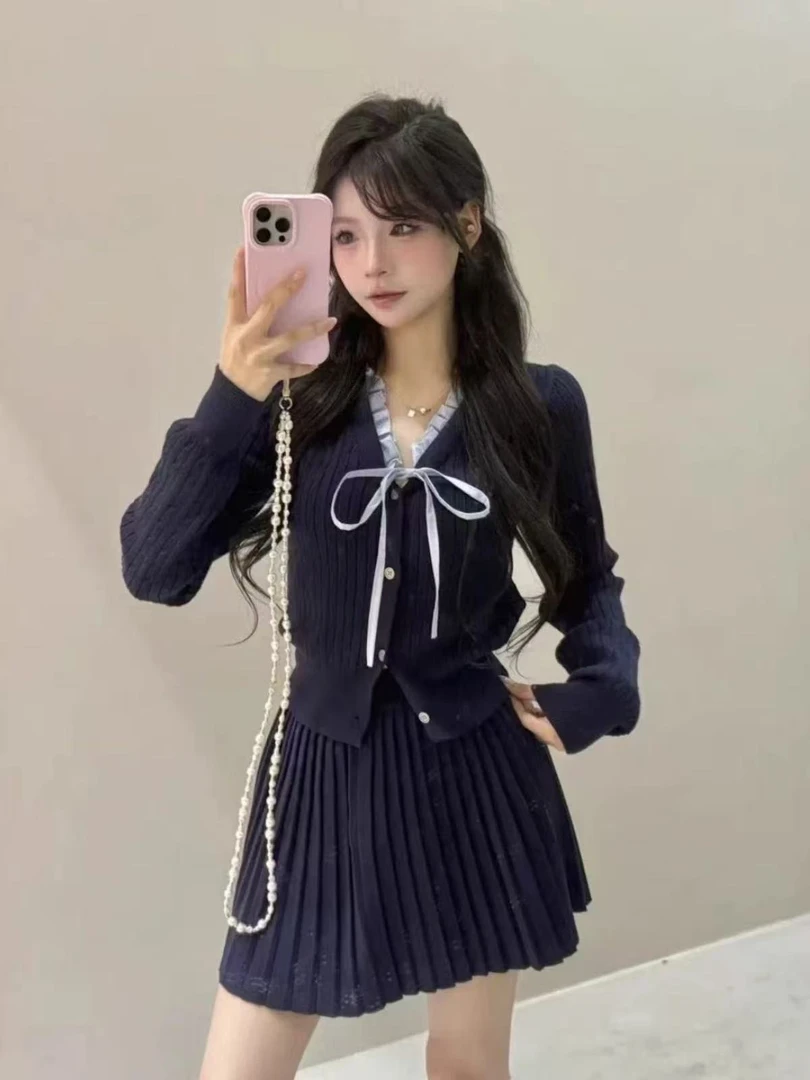 秋冬大码学院风针织套装女V领长袖开衫半身裙两件套-6275