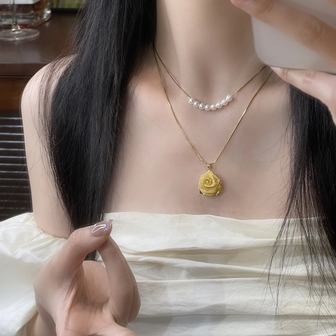 设计感金色玫瑰花珠珠项链时尚百搭锁骨链S-016