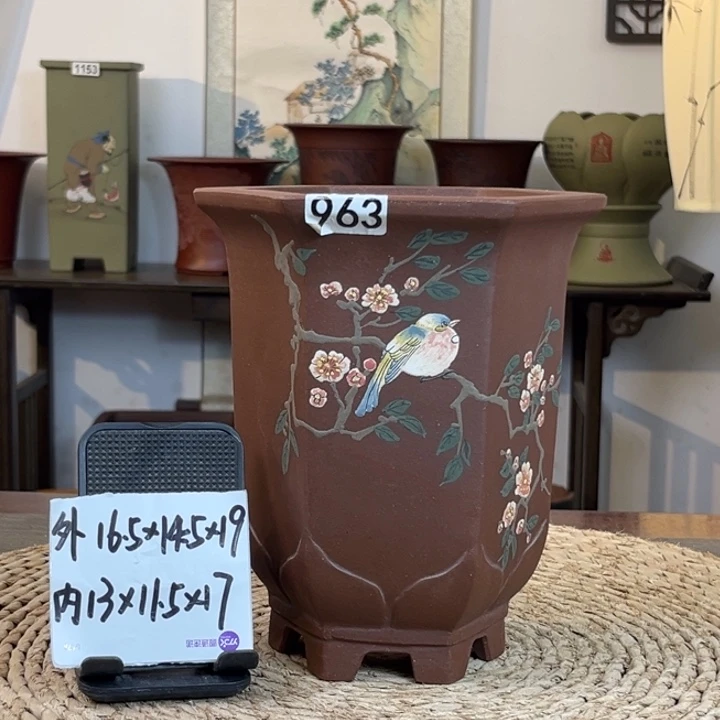 紫砂花盆  放漏特惠紫泥彩绘一路繁花六方963