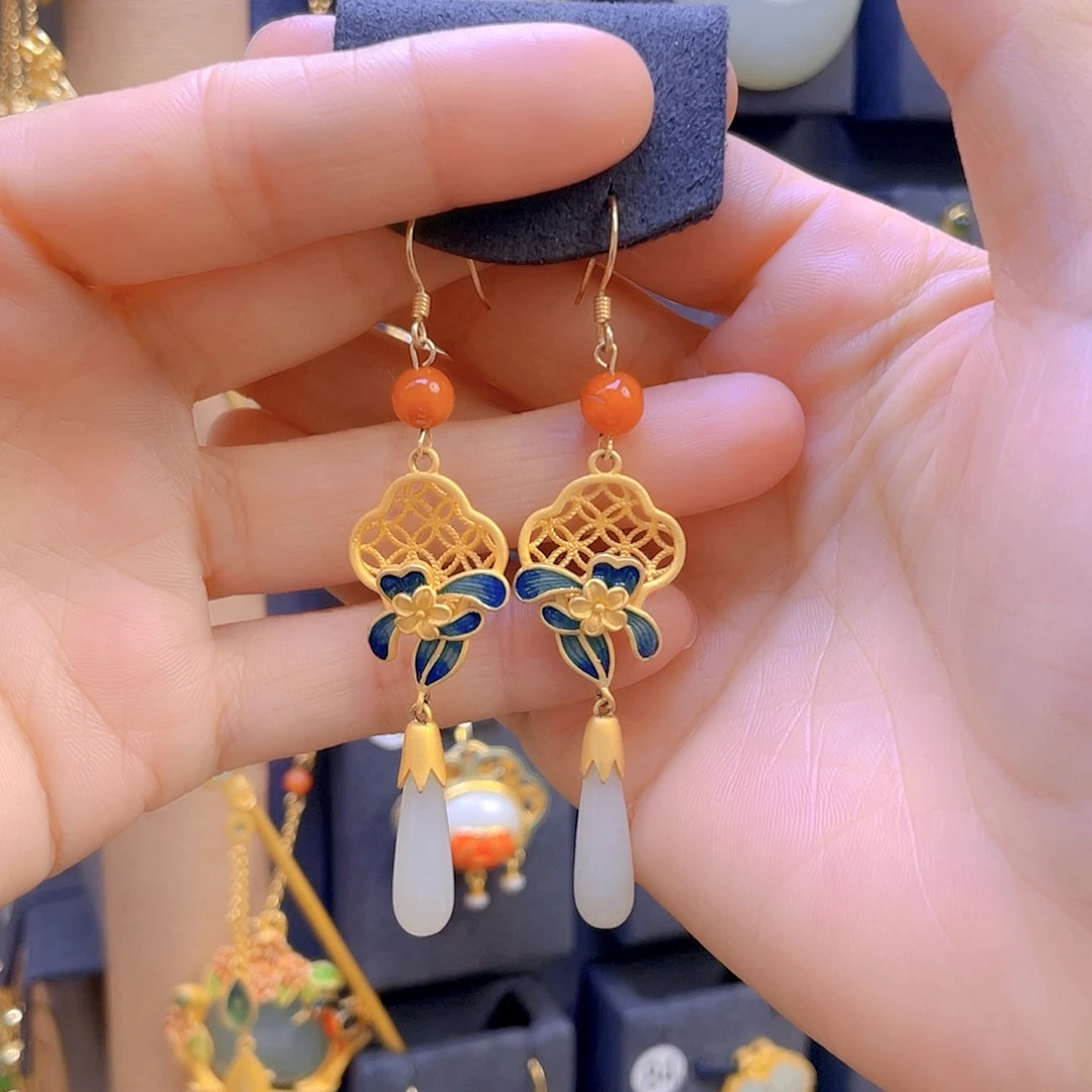 和田玉耳饰银S925镀金镶嵌