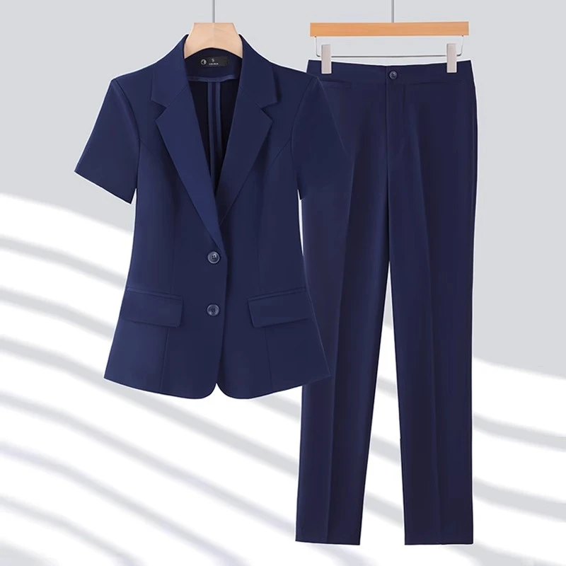 短袖西装外套女夏季大码胖mm职业装套装上班工作服两粒扣三件套薄