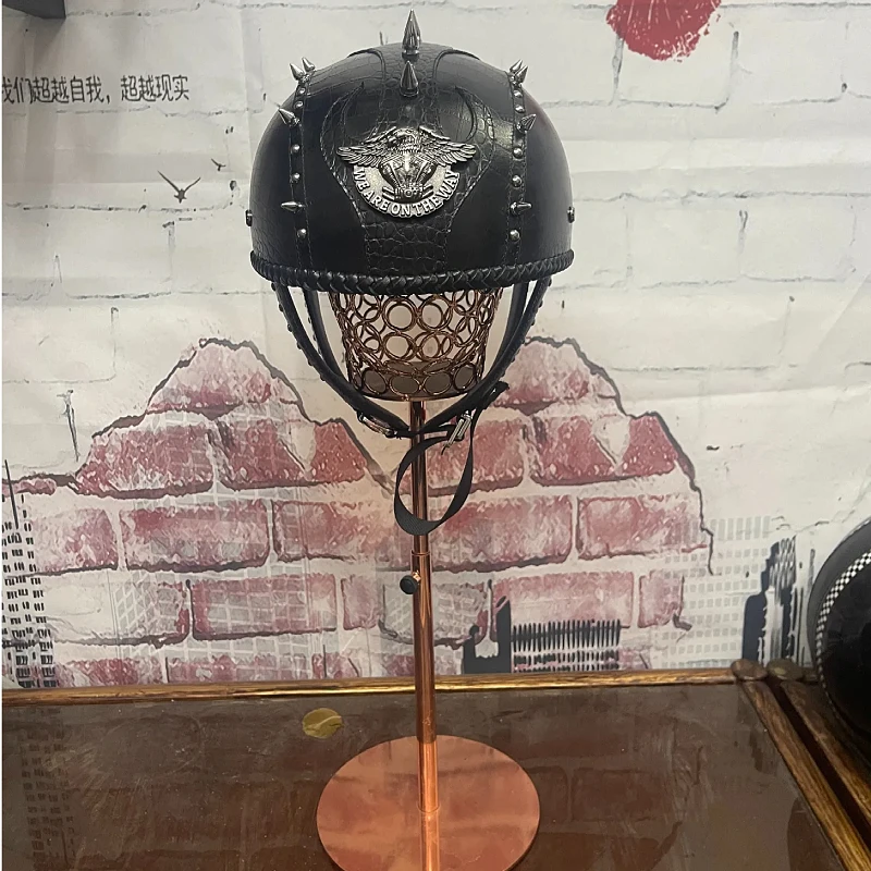 复古机车真皮手工定制骑行盔皮碳纤维装饰半盔黑色牛皮摩托车头盔