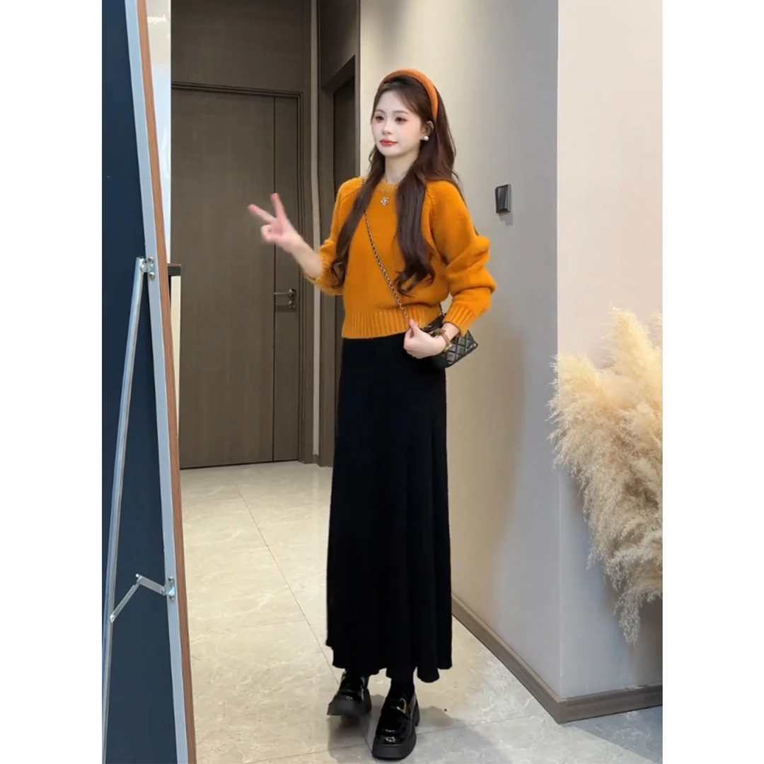 韩系宽松超显白橘色圆领套头毛衣女2025秋冬新小个子短款针织加厚