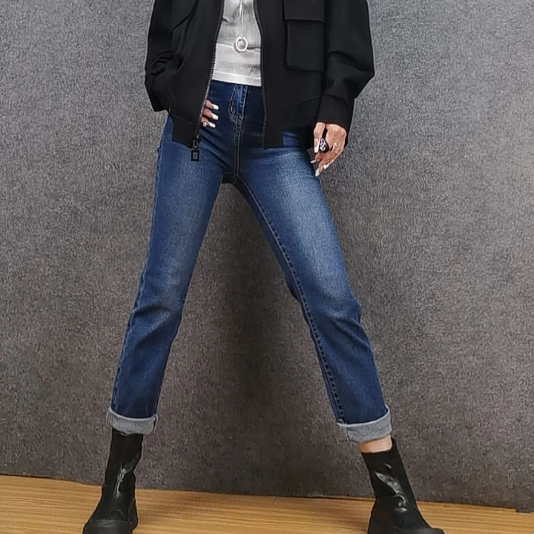 二姐家烟管直筒九分牛仔裤百搭弹力高腰显瘦八分裤长裤