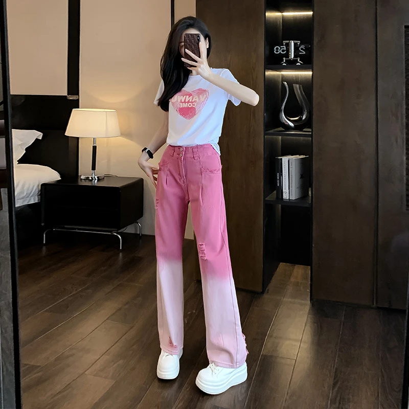 欧货休闲时尚套装女夏装爱心白t恤今年流行粉色渐变牛仔裤两件套