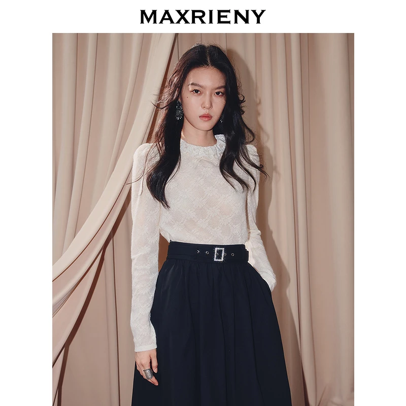 MAXRIENY静奢羊毛混纺衬衫亲肤软糯25冬款蕾丝钉珠花边长袖上衣女