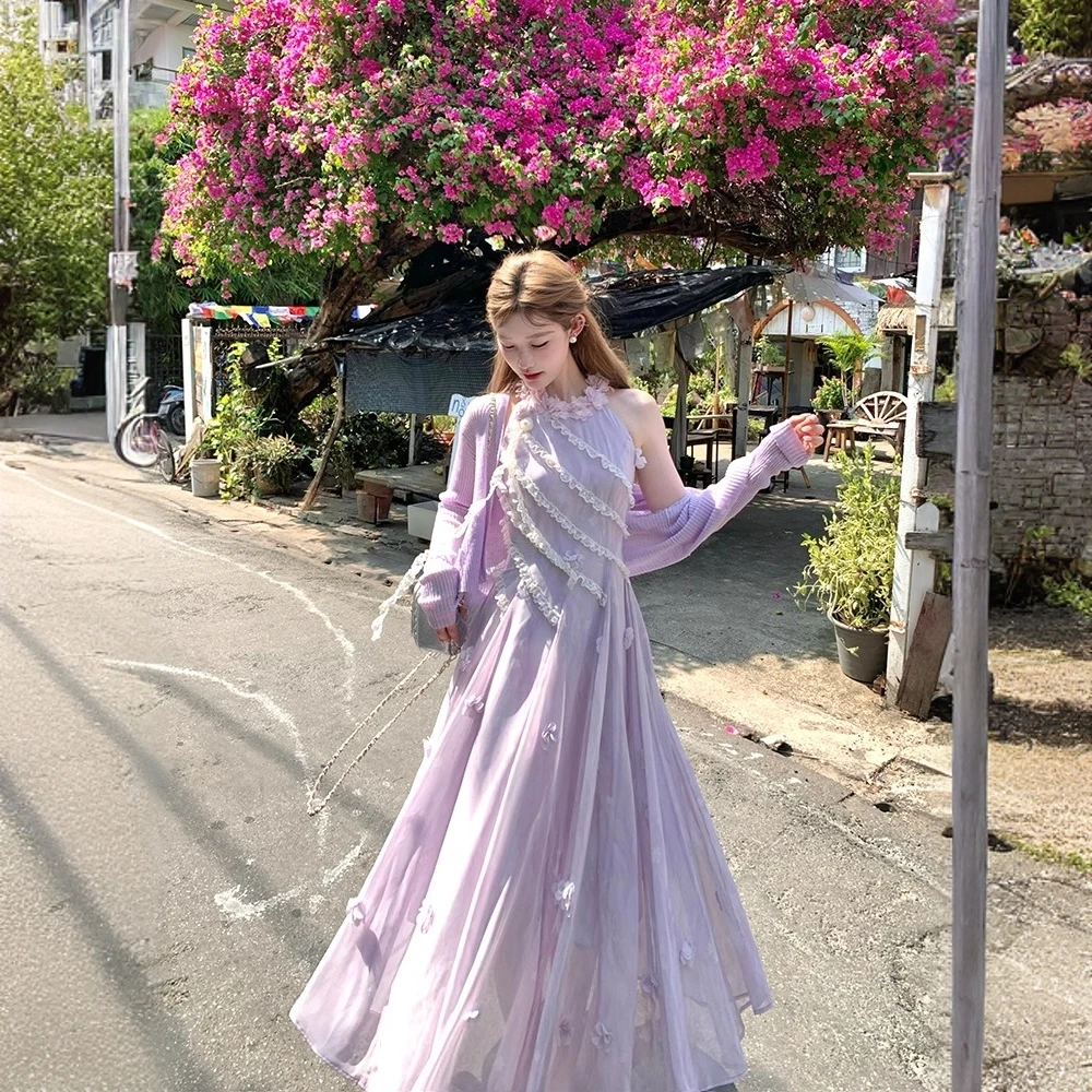 紫色长款挂脖吊带连衣裙女夏季法式复古修身显瘦气质裙子