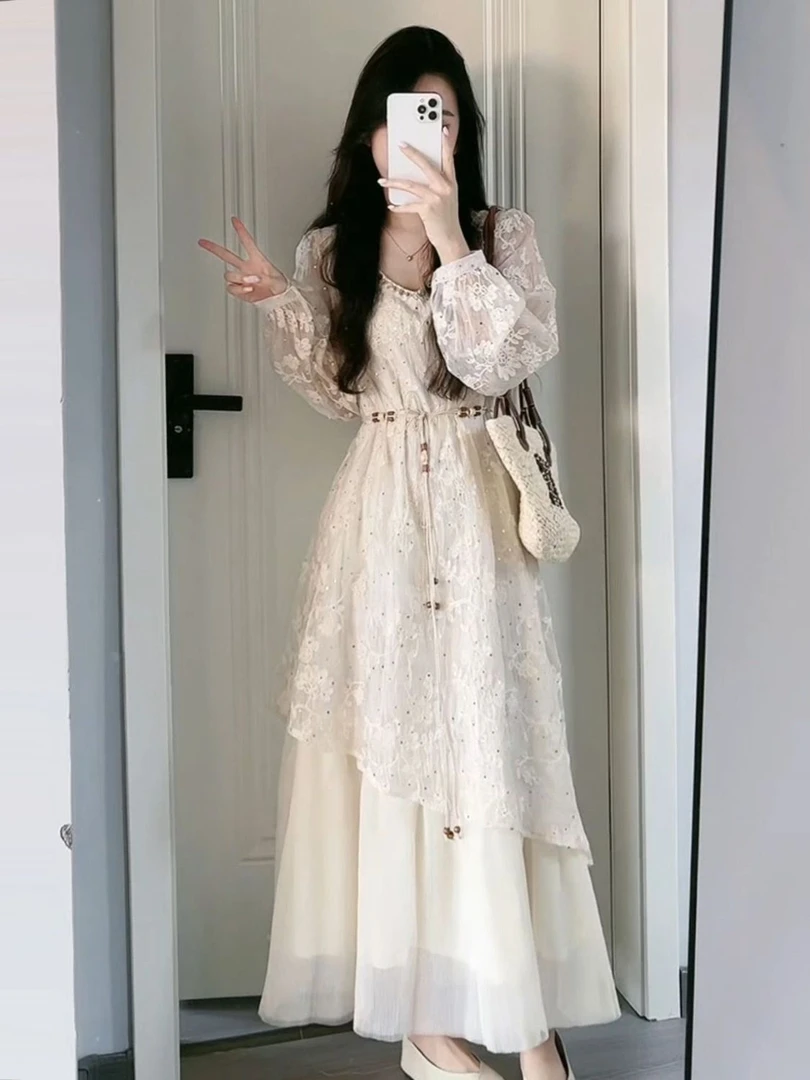 茶歇法式长袖连衣裙女秋季大码胖mm高级感假两件洋气质度假长裙子