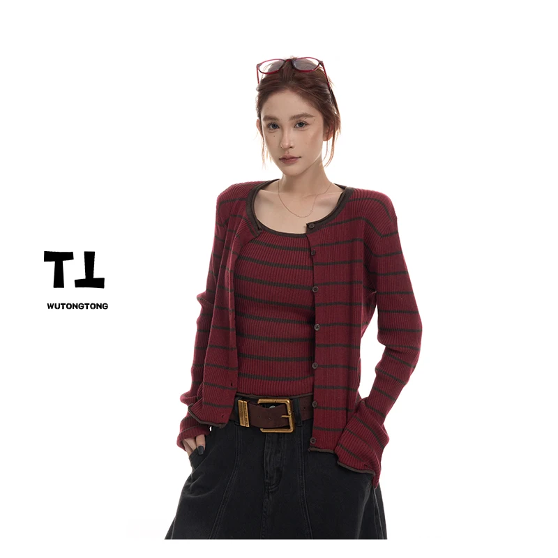 现货【条纹拼接】秋季条纹针织长袖开衫背心两件套女百搭套装62596