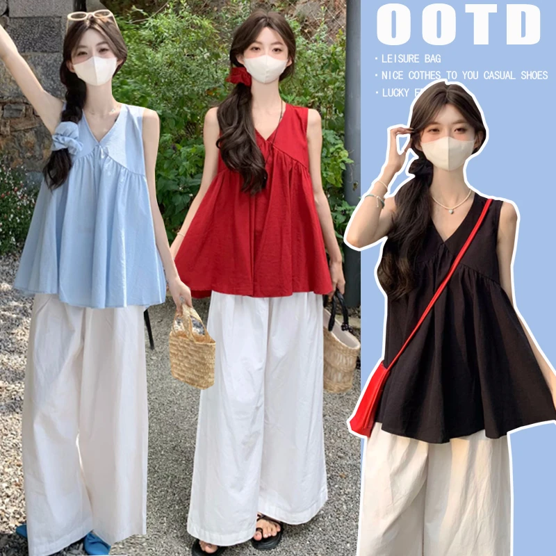 孕妇装夏季新款法式气质v领背心衬衫上衣夏季宽松遮肚无袖娃娃衫