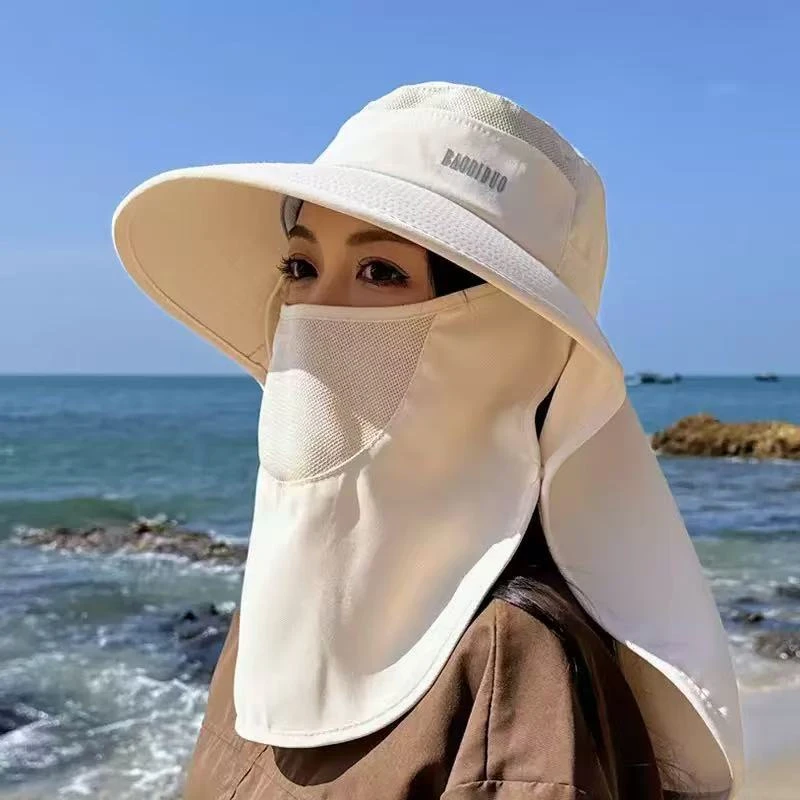 春夏季时尚韩版防晒帽大檐披肩遮脸渔夫帽女带马尾孔遮阳帽子