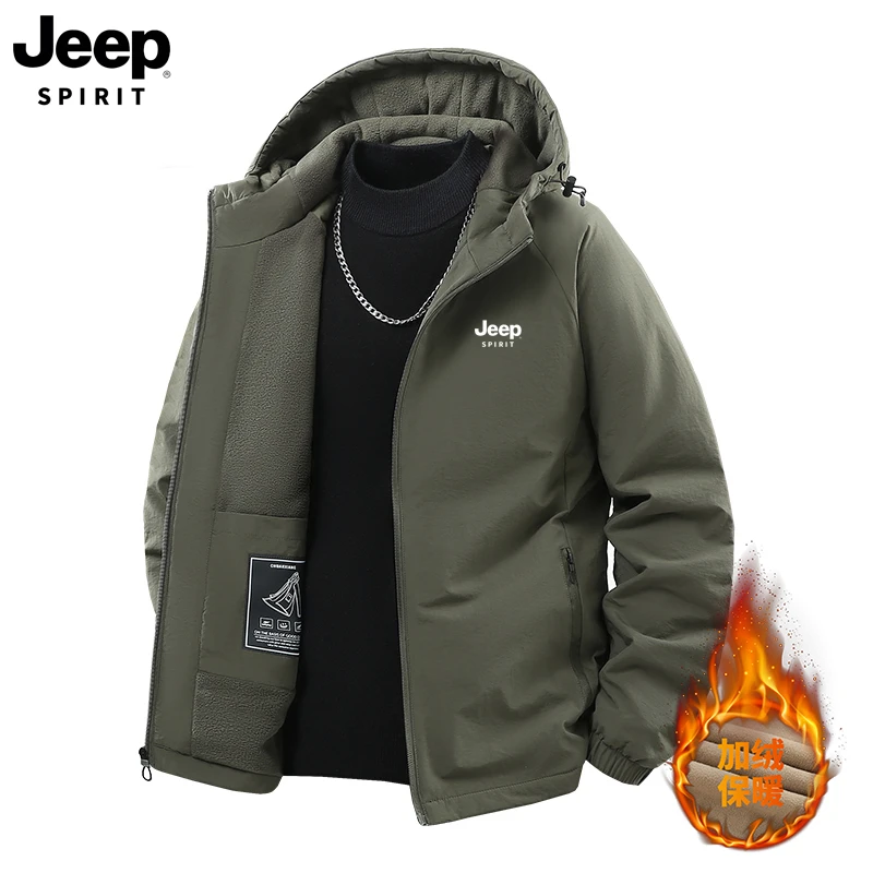 JEEPSPIRIT冬季加绒加厚户外工装夹克男士连帽防风保暖冲锋衣外套