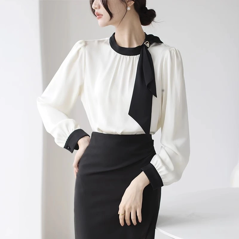 法式温柔领口蝴蝶结衬衫女装2025春秋新款拼色飘带设计感缎面上衣