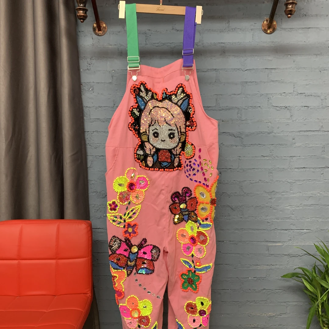 新款满钻粉色牛仔背带裤