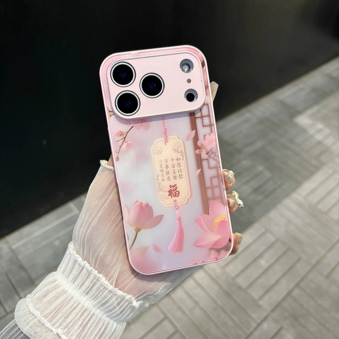 苹果/华为/oppo/vivo/小米 桃花吊牌适用iPhone17/16玻璃手机壳