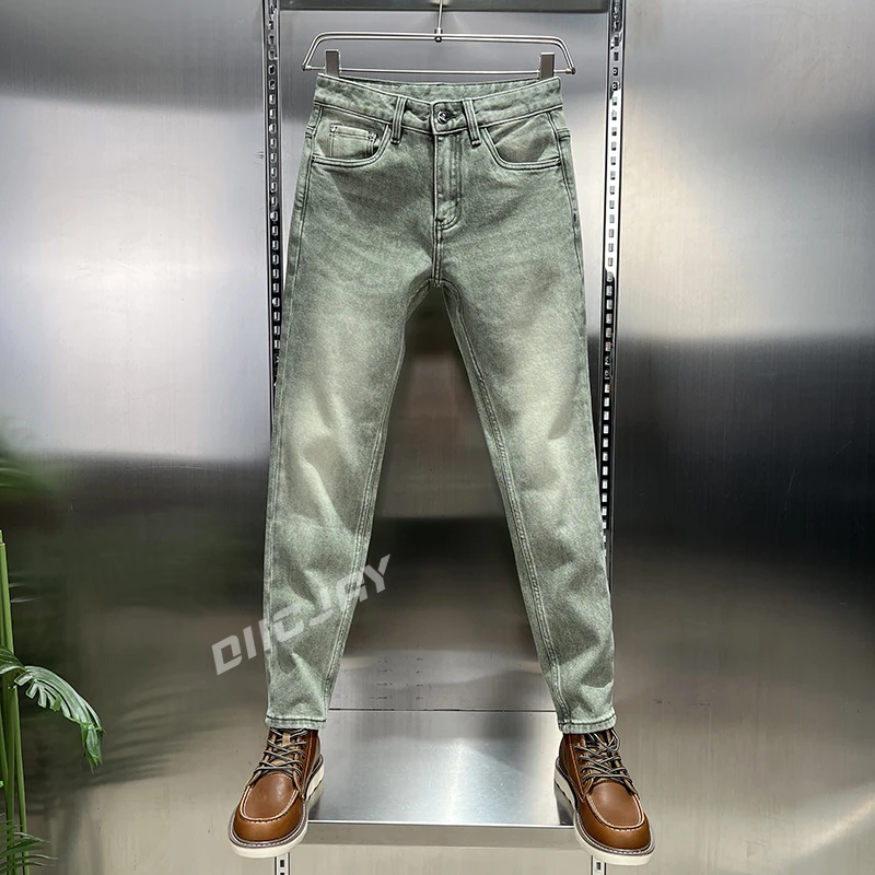 【高端】轻奢男士牛仔裤秋季修身显瘦玛卡绿小直筒休闲长裤+九分裤
