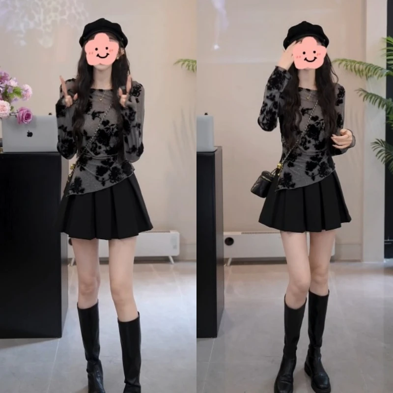 【凉露沾衣】千金风开叉不规则下摆T恤+高腰显瘦百褶裤裙LK2506216