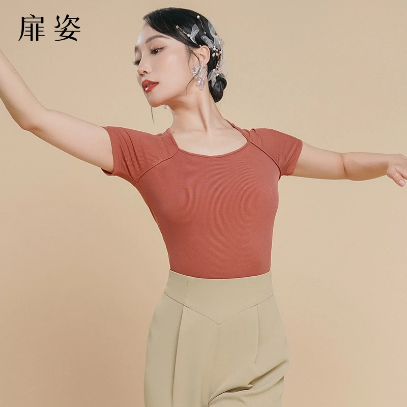 扉姿 摩登舞上衣女短袖拉丁舞练功服交谊舞吉特巴跳舞连体衣F1252
