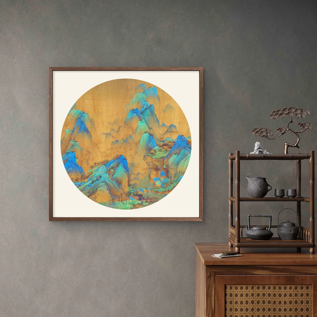 9142-40*40千里江山右边下边村落中式装饰画木框适合玄关书房茶室