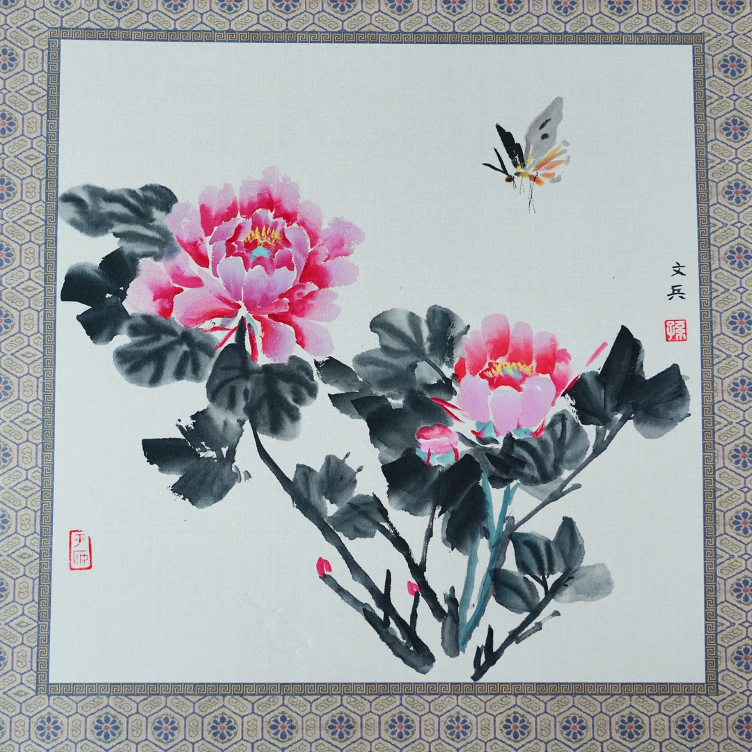 图一图三牡丹图，图二图四图五荷花图，已上均为手工绘画花鸟国画