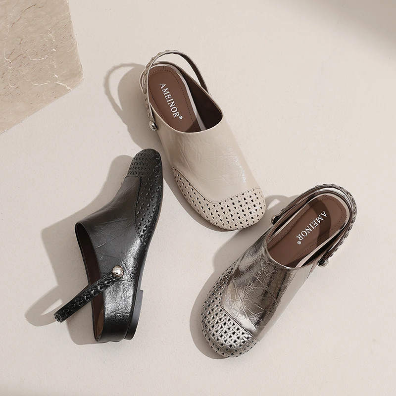 AMEINOR2025夏季独特设计可调节绑带圆头包头女士坡跟拖鞋2057