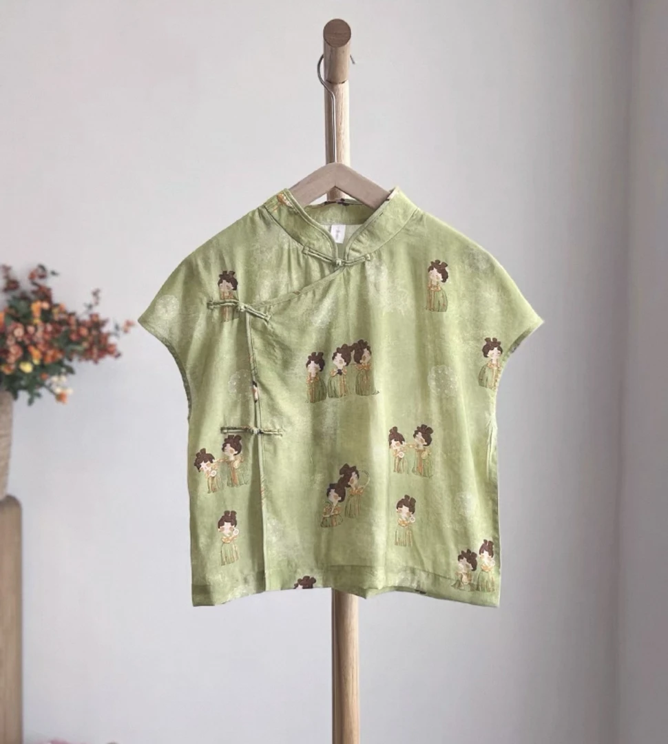 国风斜襟短袖衬衫女夏季新款气质小衫高端女装百搭新中式上衣