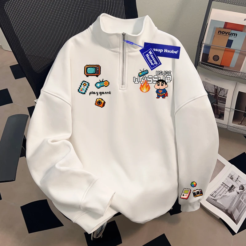 WASSUP HSUBE小众设计感美式潮流立领卫衣男士重磅潮酷半拉链上衣