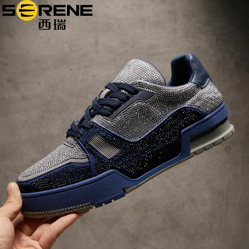 西瑞轻奢新款男鞋皮质烫钻时尚高端休闲鞋系带厚底百搭增高板鞋潮