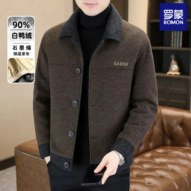 罗蒙高档翻领短款羽绒服呢外套男士秋冬新款时尚潮流冬装品质男装